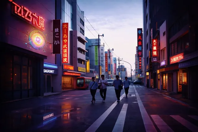 Rain-soaked neon street at night
