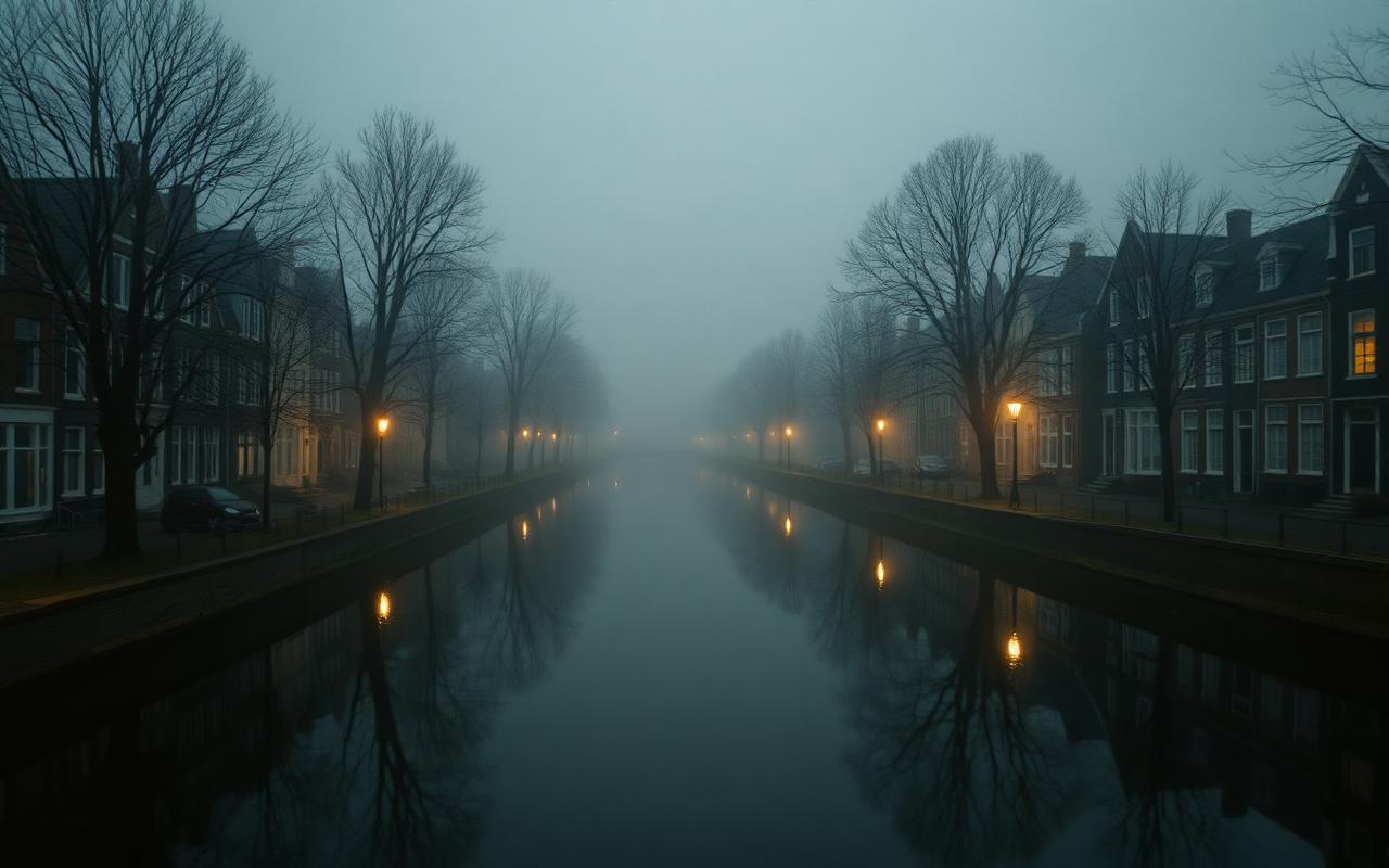 Amsterdam canal at dusk in mist