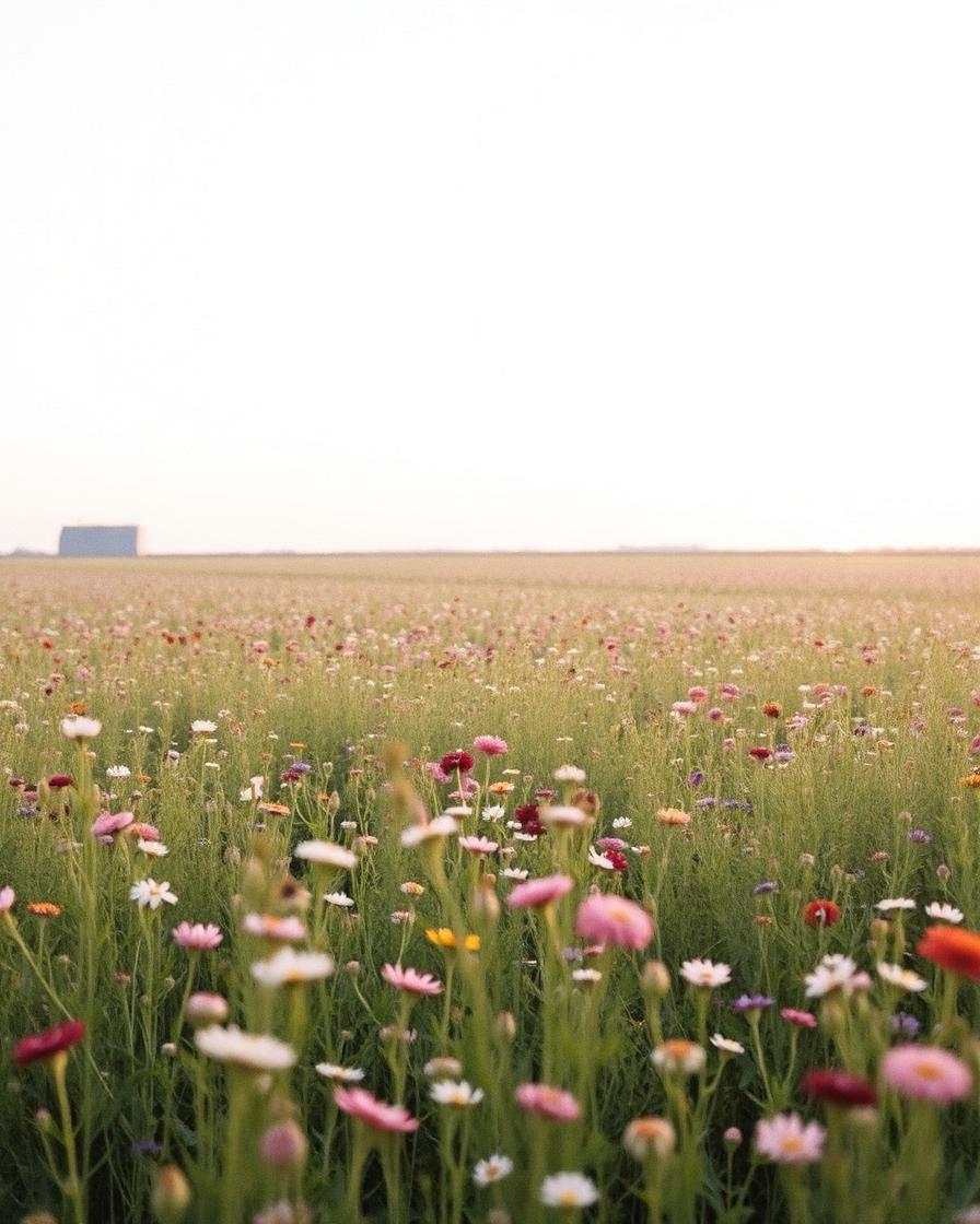 Dutch field of flowers under a wide pale sky