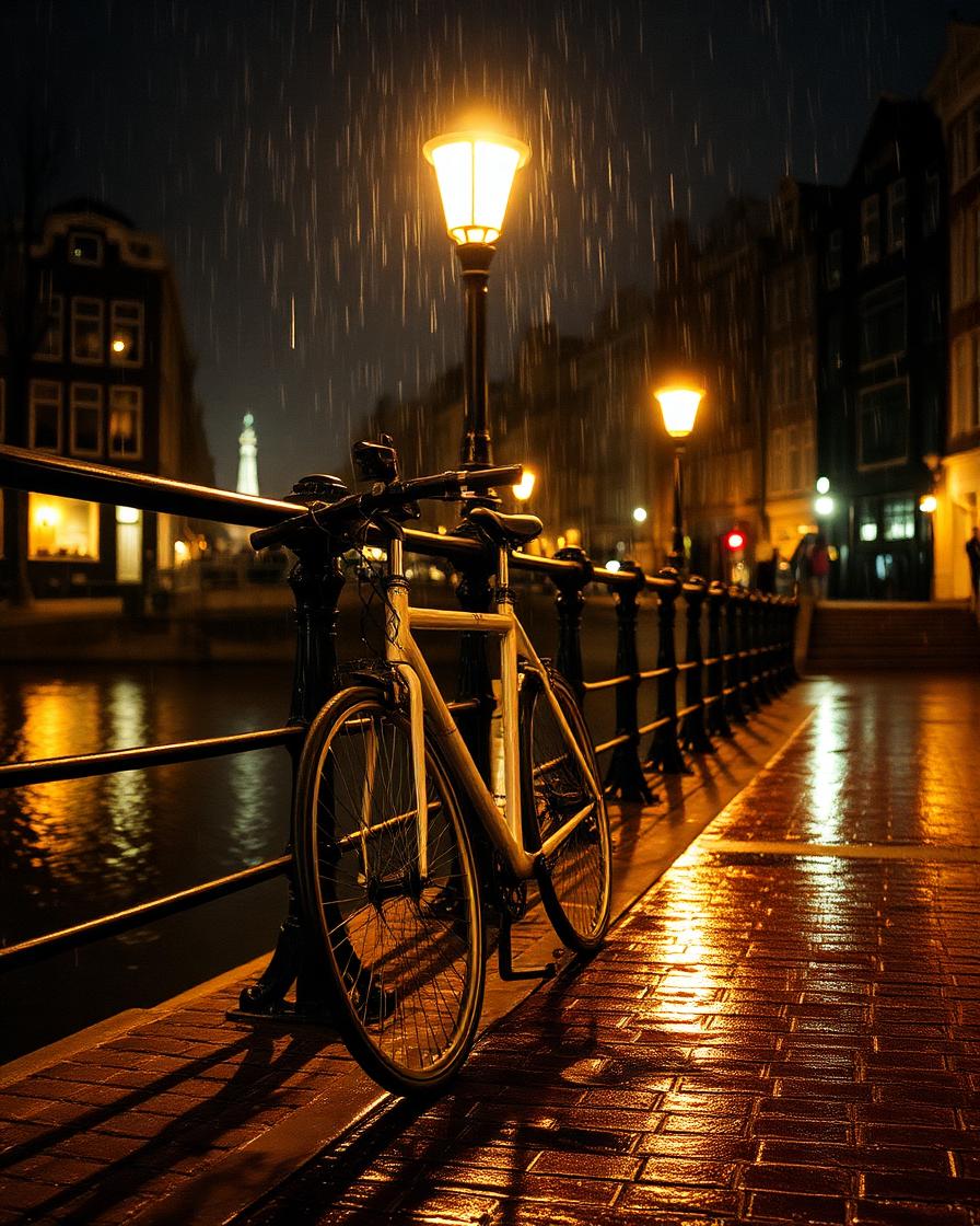 Bicycle by a canal railing in the rain at night