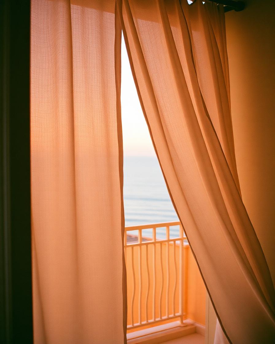 Linen curtain drifting on a sea-facing balcony