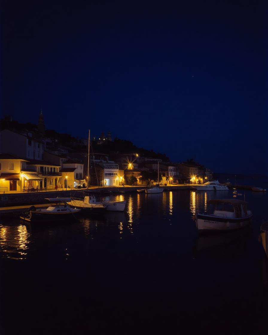 Warm harbour lights reflected on dark water at night