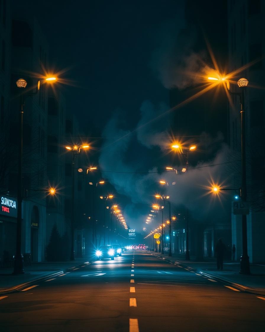 Empty city avenue at night with streetlights and steam