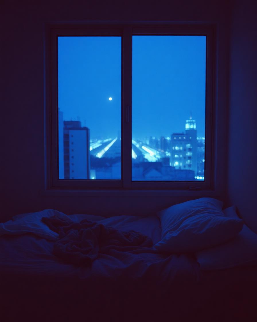 Unmade bed lit by blue city glow at night