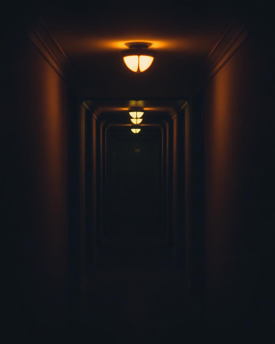 Dim corridor with warm lights fading into darkness