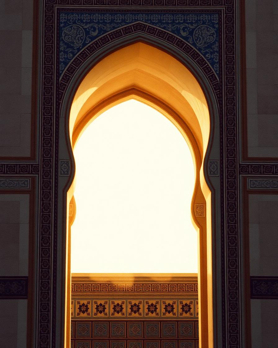 Ornate tiled archway lit by warm evening light