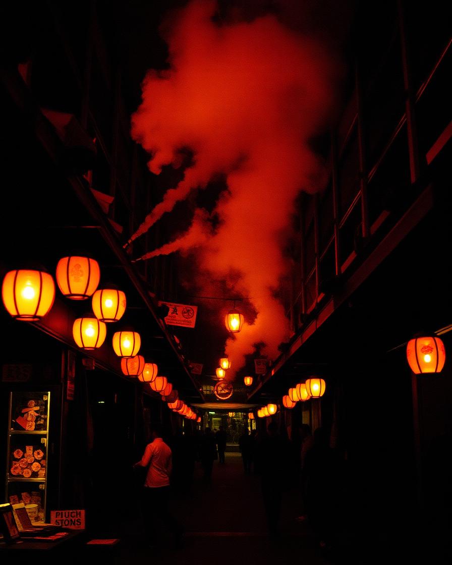 Night market street with hanging lanterns and smoke