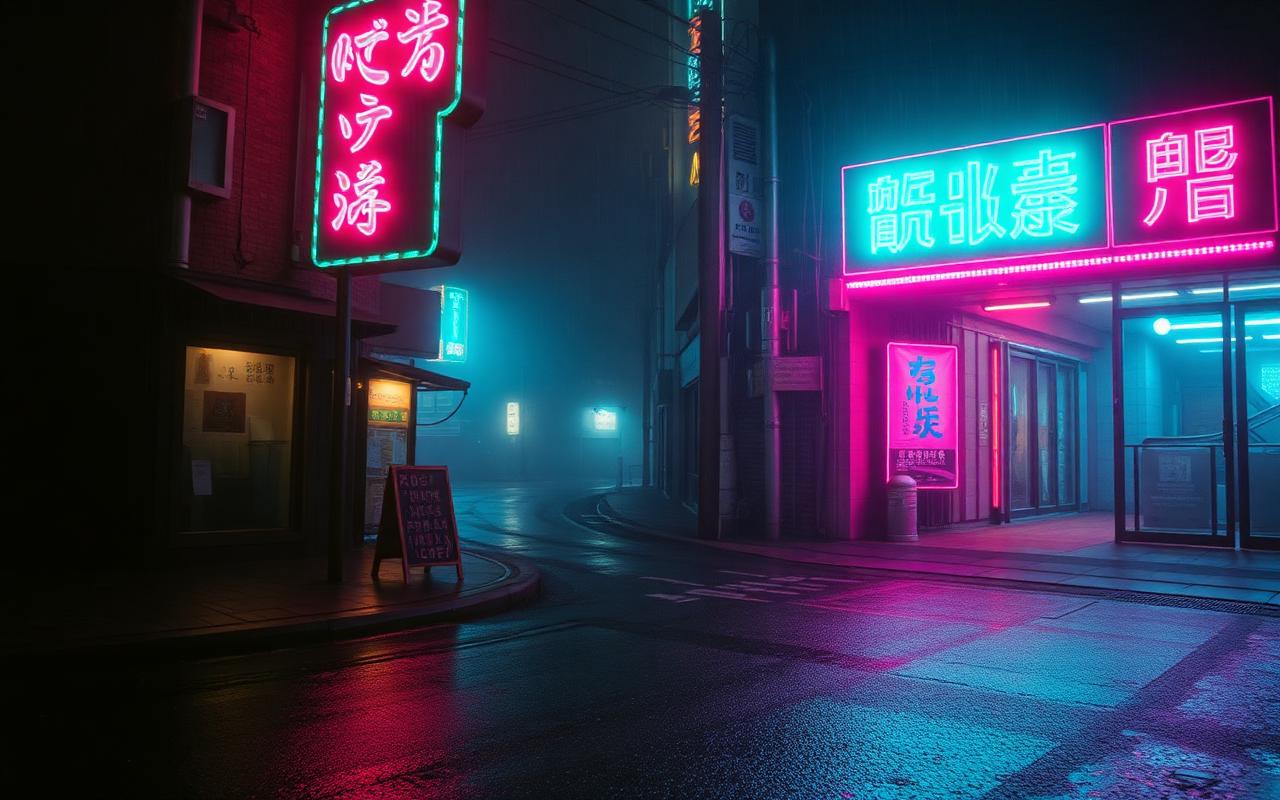 Tokyo backstreet at night with neon reflected in wet asphalt