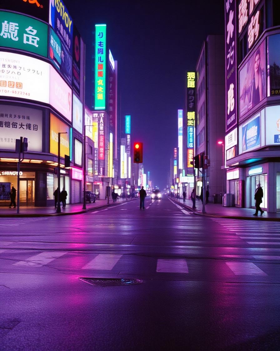 Empty neon-lit city crossing before dawn
