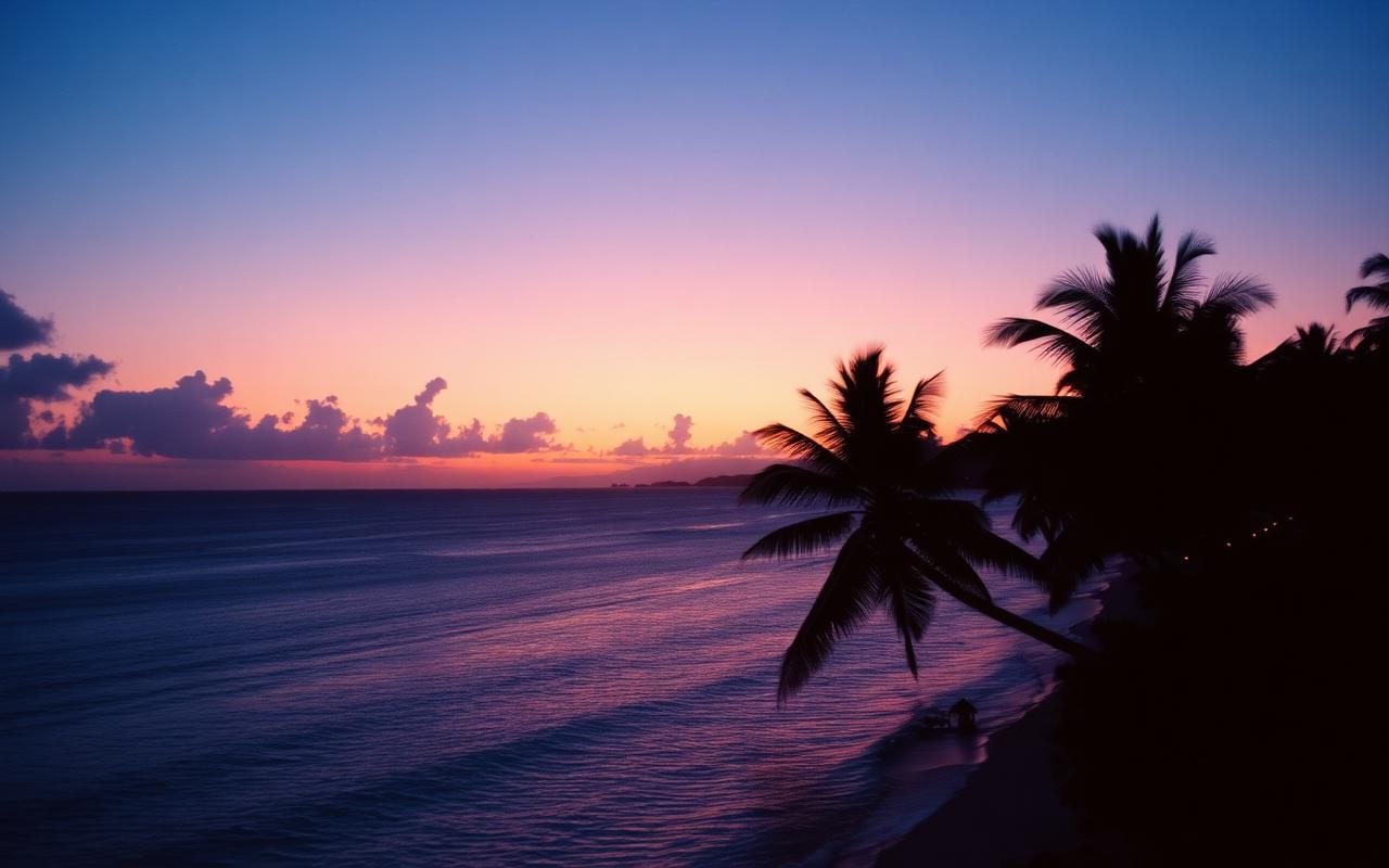 Tropical coastline with palm silhouettes at dusk